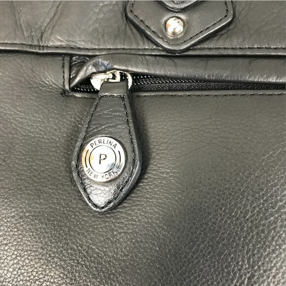 PERLINA NEW YORK Leather Tote Shoulder Bag Black Office Business Everyday Travel - Picture 5 of 11